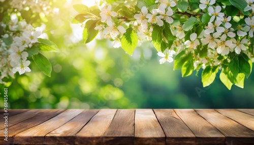 Spring beautiful background with green lush young foliage and flowering branches with an empty wooden table on nature outdoors in sunlight in garden., Ai Generate 