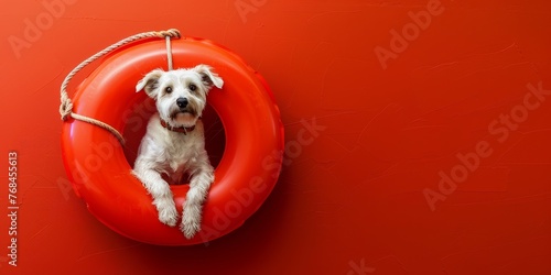 A white dog is sitting in a red lifebuoy