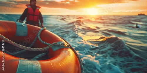 A man in a life jacket is standing next to a red life preserver in the ocean