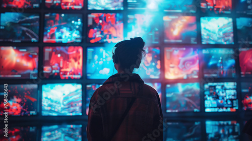 A person interacting with multiple screens displaying various digital media content, showcasing the integration of technology in visual communication and advertising © Jirut