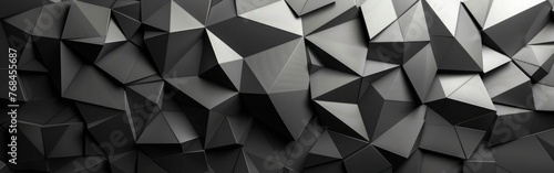 Geometric Gradient Texture: Dark Black and Gray Background Banner with 3D Triangular Shapes for Business Website and Print Design Template