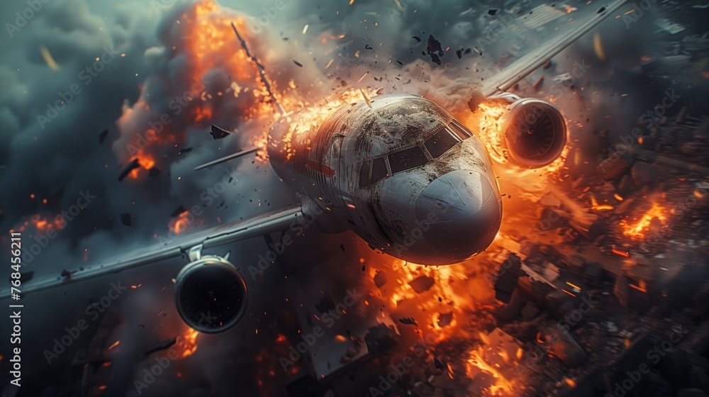 crashed plane on fire plane crash - obrazy, fototapety, plakaty 