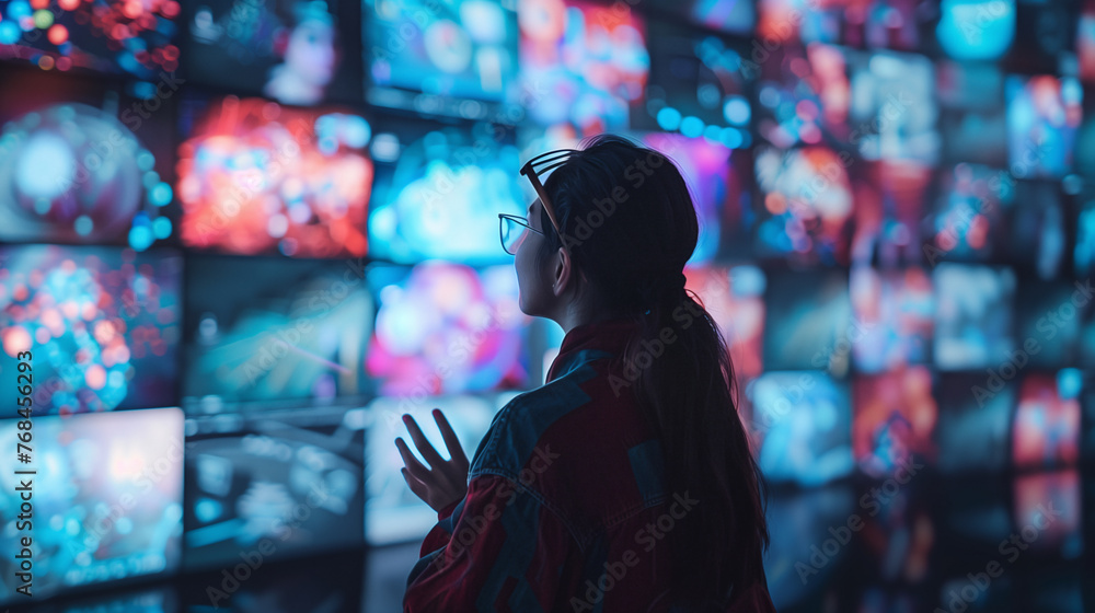 A person interacting with multiple screens displaying various digital media content, showcasing the integration of technology in visual communication and advertising