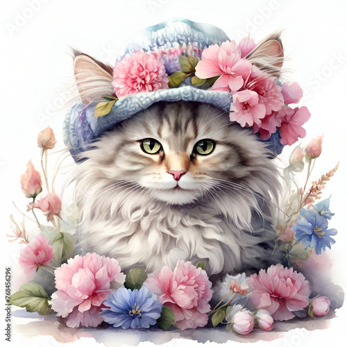 Cute cat with beautiful roses flowers style photo