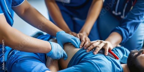 A man is being treated by a group of medical professionals