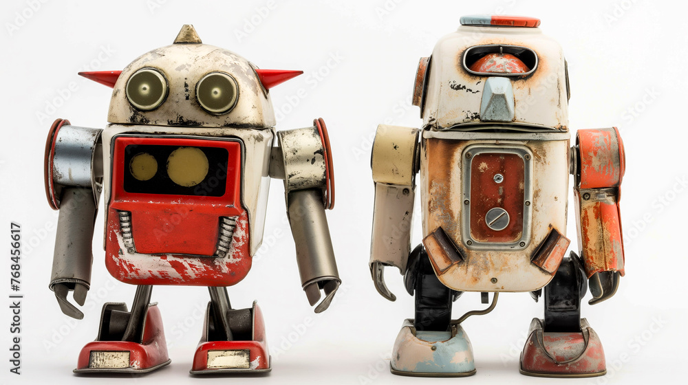 Two colorful retro-style sheet metal toy robots on white background