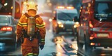 A firefighter is walking down a street in front of a fire truck