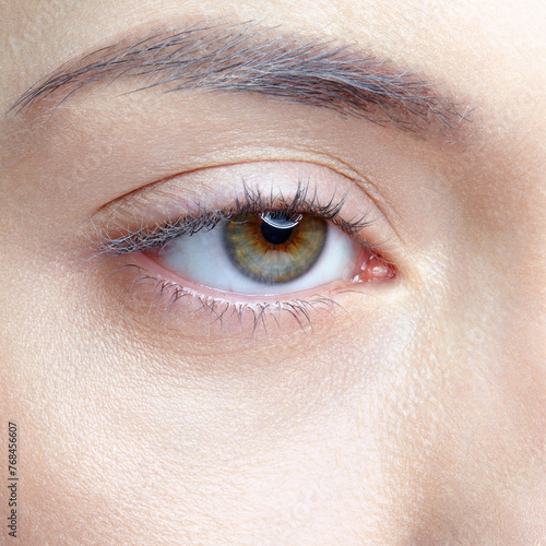 Closeup macro shot of human female eye. Woman with nude makeup of eyes or no makeup.
