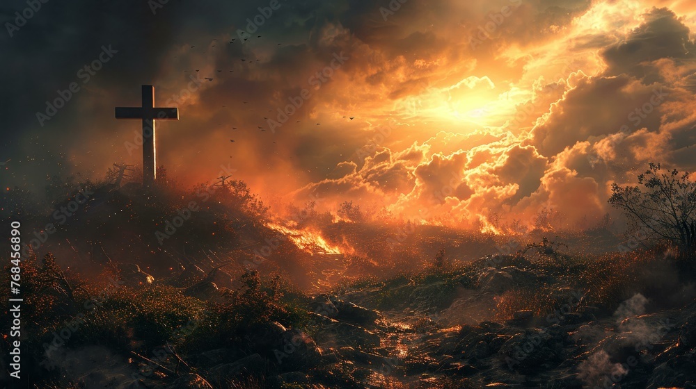 A banner for a religious website, with the cross and Golgotha scene inspiring digital pilgrimage - obrazy, fototapety, plakaty 