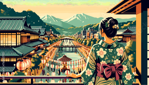 The concept of Kyoto in summer and the image of a woman in a yukata. Vector illustration.