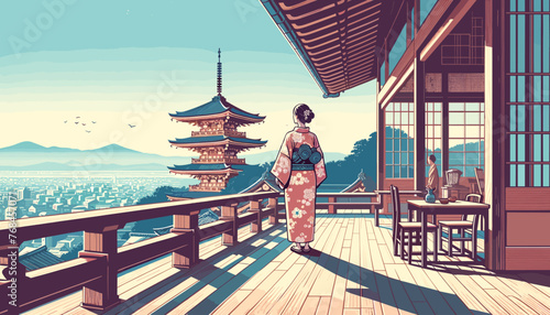 The concept of Kyoto in summer and the image of a woman in a yukata. Vector illustration.