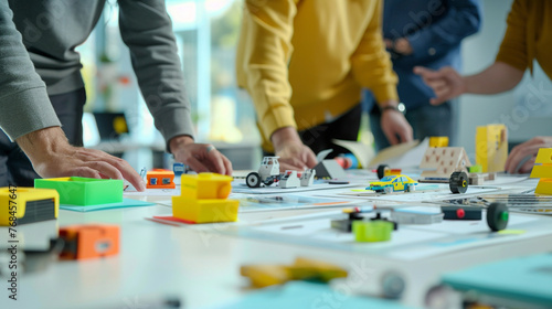 An innovative product development team engaging in creative problem-solving, with prototypes and designs spread out on the conference table as they discuss improvements.