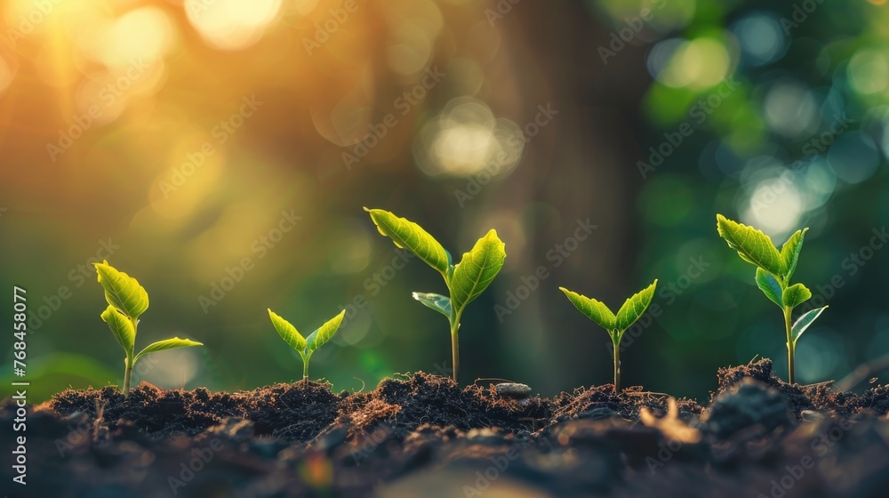 Fototapeta premium Close-up view of several young seedlings emerging from the soil,symbolizing the growth and progress of successful capital strategies The vibrant green leaves and lush foliage