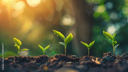 Close-up view of several young seedlings emerging from the soil,symbolizing the growth and progress of successful capital strategies The vibrant green leaves and lush foliage #768458077