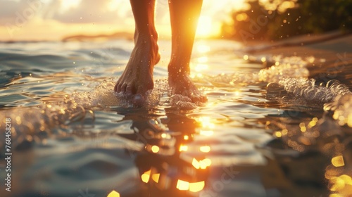 Bare feet by the water as the sunset reflects, creating a serene walk 3d illustration © Pungu x