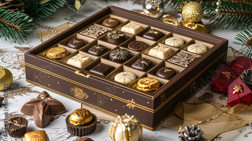 Luxury chocolate box, opulently adorned, set against the glittering backdrop of a New Year's Eve gala, where elegance and celebration converge photo