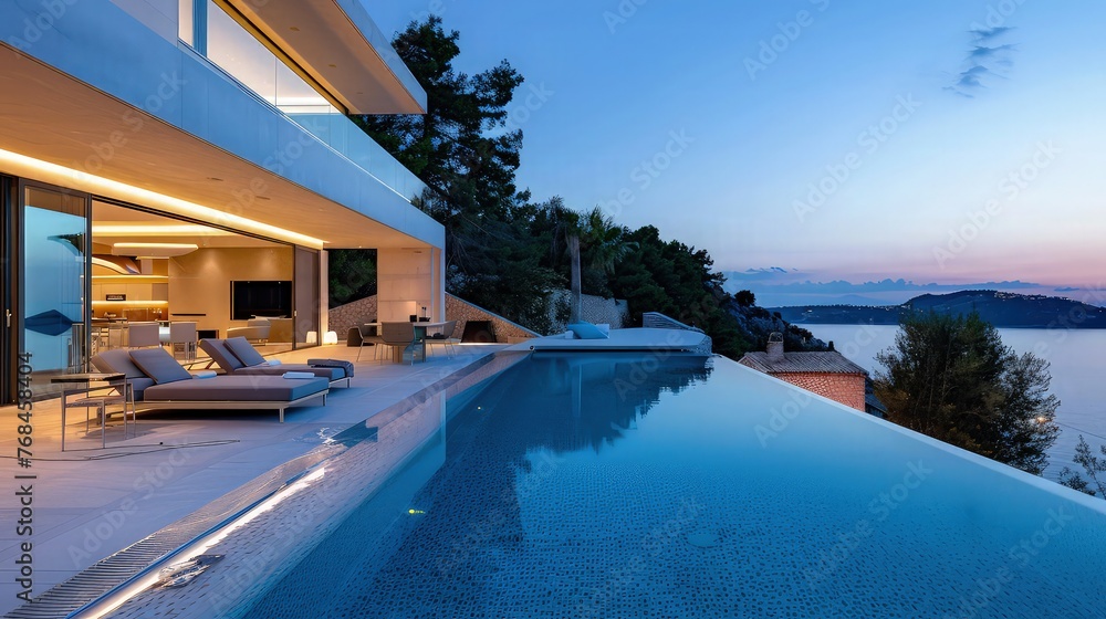 pool at night with luxury house 