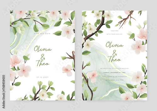 Pink orchid wedding invitation card template with flower and floral watercolor texture vector