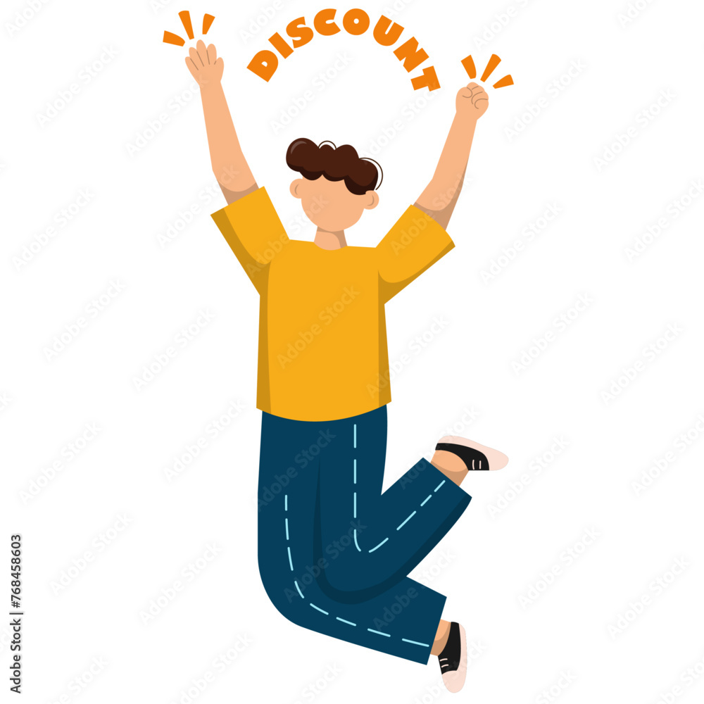 cartoon vector illustration of man jumping and hands up and the inscription discount between the hands cartoon vector illustration of man jumping and hands up and the inscription discount between the hands