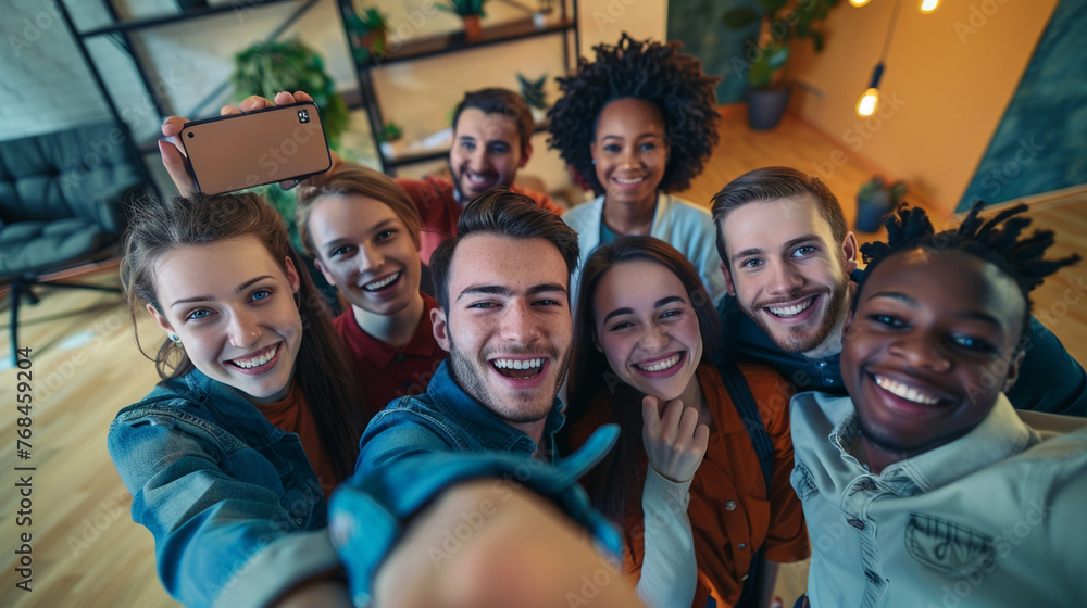 A team of young professionals pausing for a selfie with joyful expressions, capturing the moment of their success A team of young professionals pausing for a selfie with joyful expressions, capturing the moment of their success