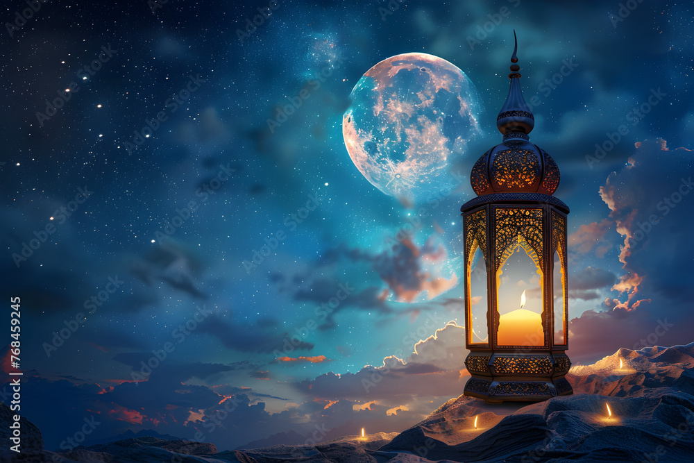 Ramadan lantern with crescent moon on night sky background Ramadan lantern with crescent moon on night sky background