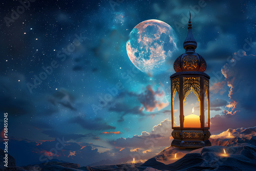 Ramadan lantern with crescent moon on night sky background