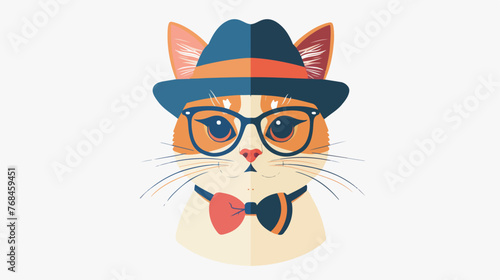 Cat In Glasses And Hat Flat Icon Isolated On White Background 