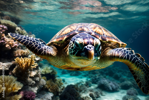 A close up of a sea turtle swimming undersea