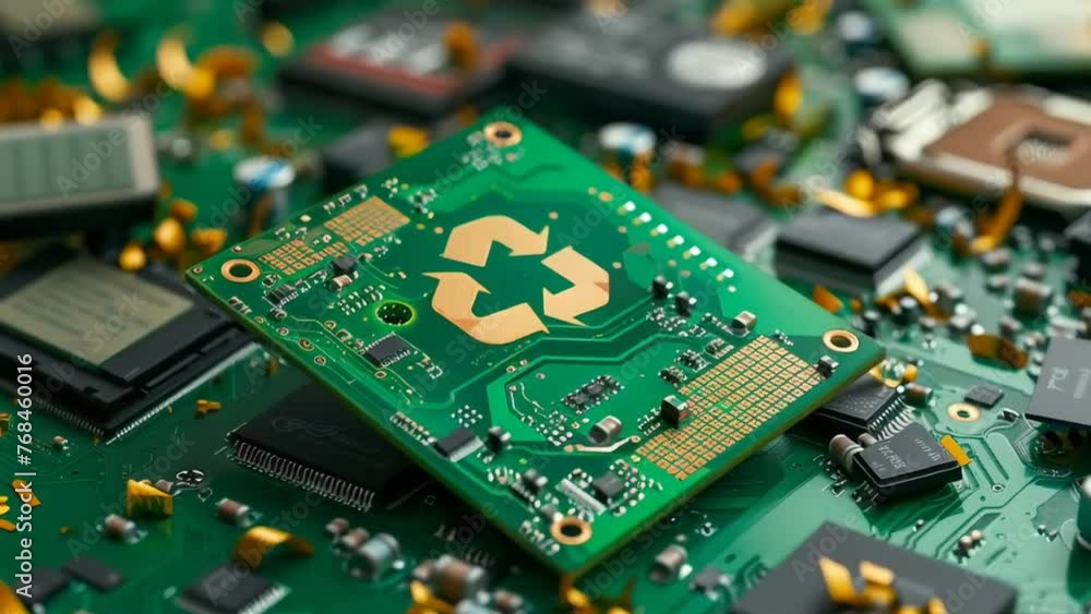 An electronic microchip with a recycling symbol, representing recycling and reuse in the electronics industry for sustainable and eco-friendly future An electronic microchip with a recycling symbol, representing recycling and reuse in the electronics industry for sustainable and eco-friendly future