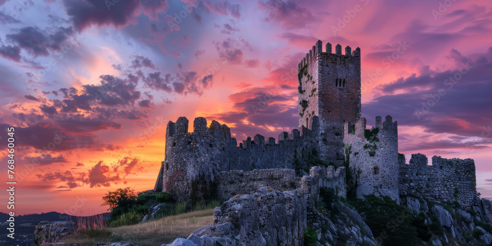 A breathtaking view of the sun setting over the ruins of an ancient, vine-covered fortress with majestic towers A breathtaking view of the sun setting over the ruins of an ancient, vine-covered fortress with majestic towers