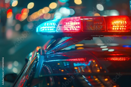 a police car with flashing lights on top in a city at night photo