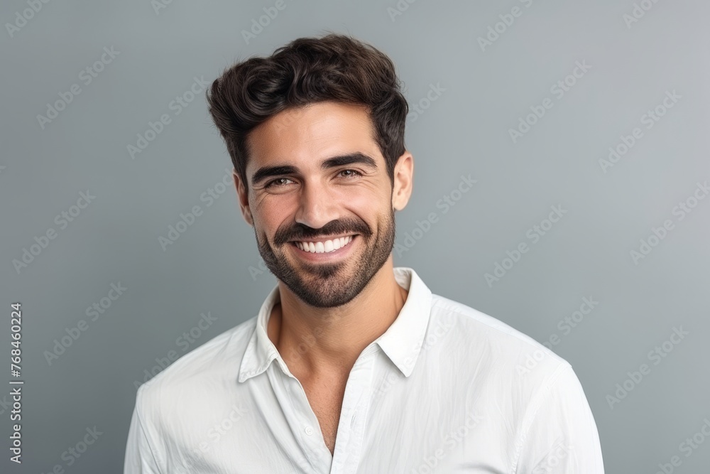 Portrait of a handsome young man smiling at camera on grey background