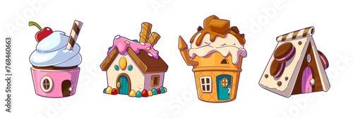 Candy land houses set isolated on background. Vector cartoon illustration of gingerbread, muffin, ice cream shape huts decorated with cherry, icing, chocolate, waffles, fantasy dessert buildings