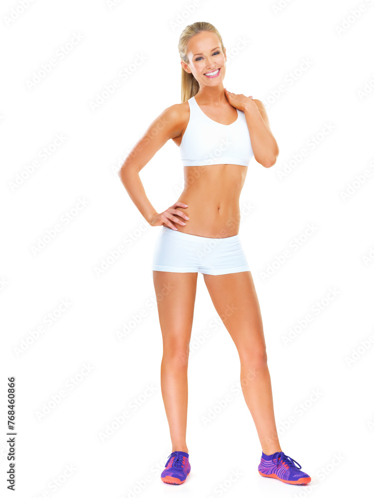 Studio, athlete and portrait of woman with smile and clothes or outfit for sports, healthy and female person. White background, wellness and fitness for girl with training, exercise or workout Studio, athlete and portrait of woman with smile and clothes or outfit for sports, healthy and female person. White background, wellness and fitness for girl with training, exercise or workout