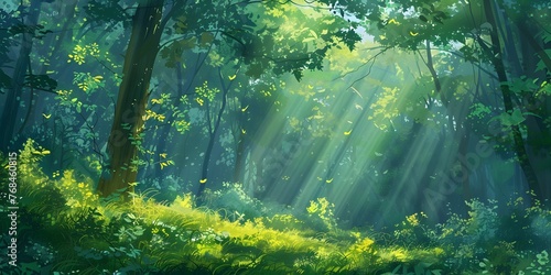Enchanting Sunlight Filters Through Lush Green Forest Canopy Creating a Serene Natural Landscape