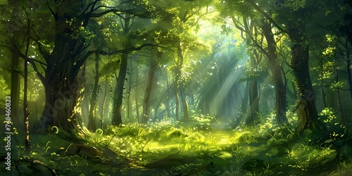 Enchanting Sunlight Filters Through Lush Green Forest Creating a Serene Natural Landscape