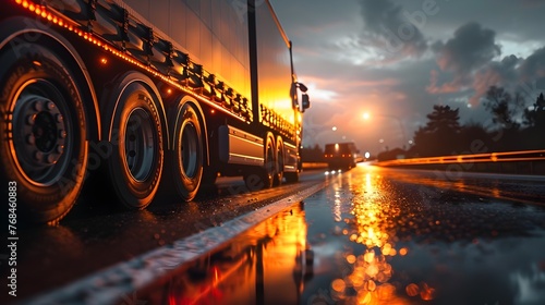 Freight Truck in Motion Efficient Road Transport Amidst Soft Sunset Lighting and Rain Reflections