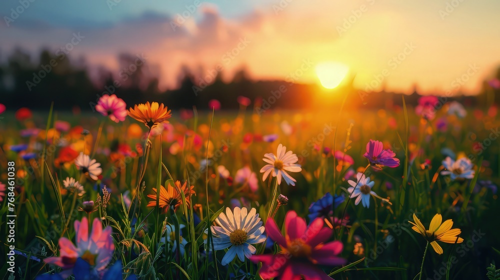  Bathed in the soft light of sunset, a meadow comes alive with the vibrant colors of blooming flowers. 