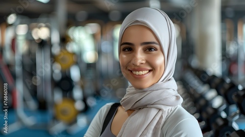 Islamic Inspiration Smiling Arab Woman Embraces Fitness Journey in Modern Gym photo