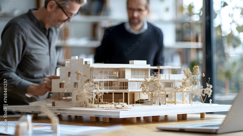 Modern Architecture Studio Natural Light, Wooden Accents, and Detailed Miniature Model