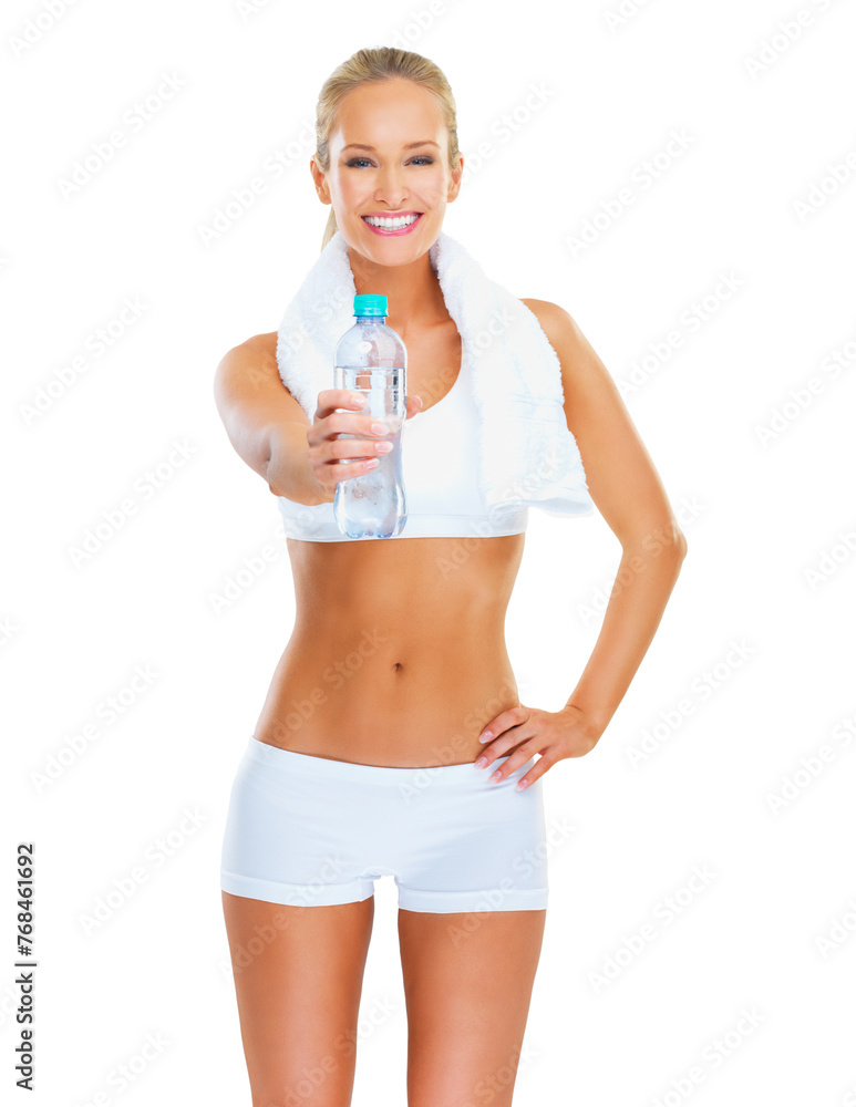 Portrait, bottle and fitness for woman in studio, healthy and wellness with exercise and training. White background, workout and athlete with abs, muscle and sportswear with towel for girl with water Portrait, bottle and fitness for woman in studio, healthy and wellness with exercise and training. White background, workout and athlete with abs, muscle and sportswear with towel for girl with water