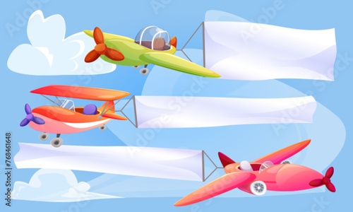 Plane with white empty banner for text on blue sky background with clouds. Cartoon vector set of cute childish aircraft and biplane with propeller pulling blank ribbon or flag for message sign.