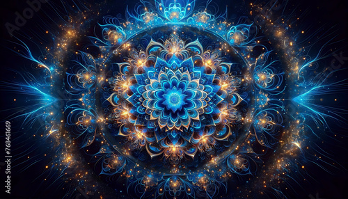 Neon blue and gold mandala with ethereal abstract background and sparkling effects - Generative AI