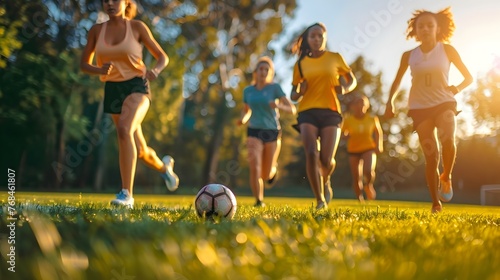 Vibrant Womens Soccer Team in Golden Hour Light Energy, Joy, and Competition