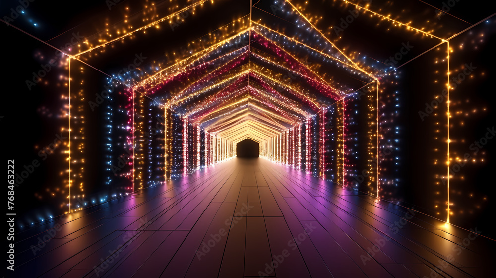 Empty street with a tunnel of string lights