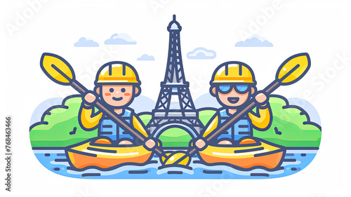 Two men paddle a boat in front of the Eiffel Tower. Scene is cheerful and adventurous