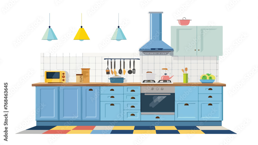Kitchen with a colorful floor and a blue cabinet