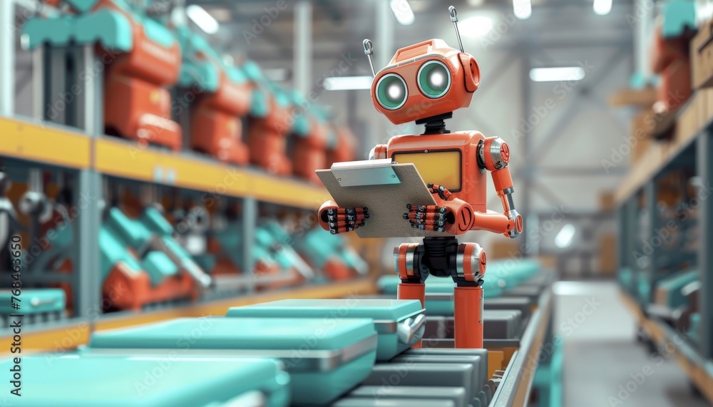 an orange robot with a clipboard in a factory