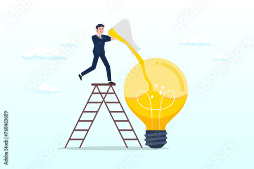Businessman with flask mixing experiment light bulb idea, experimentation, research or test new idea, discover success solution or experiment new business idea, innovative or invention (Vector)