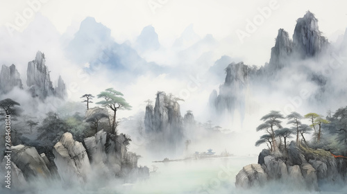 Watercolor painting of a valley with mist in a fairytale atmosphere.